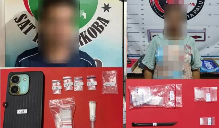 MT dan NA, tersangka kasus peredaran narkotika jenis sabu di Lere, Palu, Jumat (27/3/2026). (©Humas Polresta Palu)