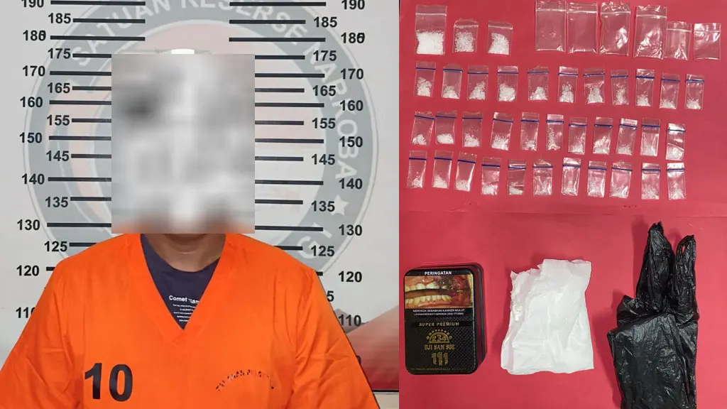 Tersangka IS bersama barang bukti paket sabu yang disita Polres Sigi. (©Humas Polres Sigi)