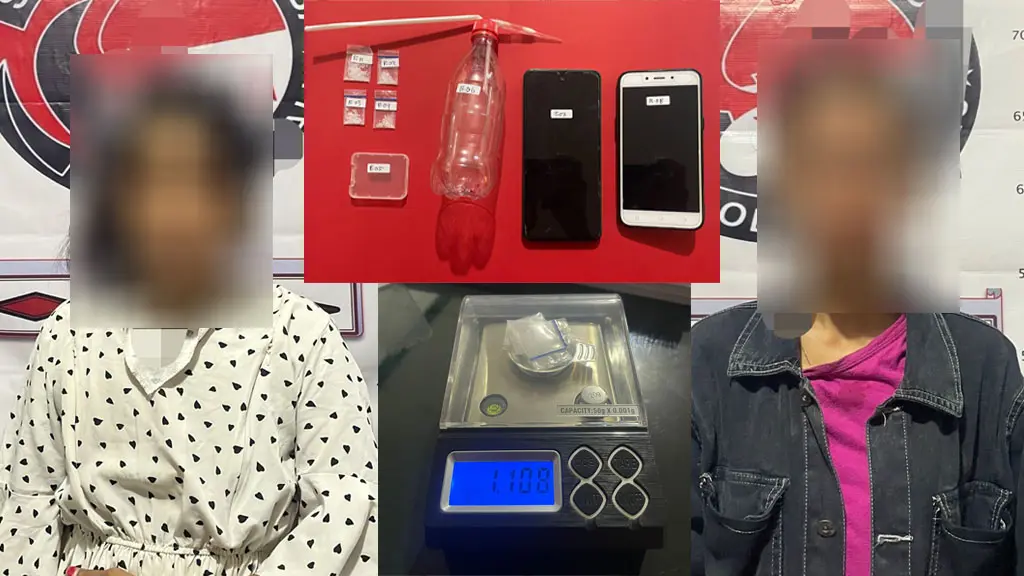 IDL dan RO, dua perempuan beserta barang bukti sabu yang ditangkap Satresnarkoba Polresta Palu, Senin (20/4/2026). (©Humas Polresta Palu)