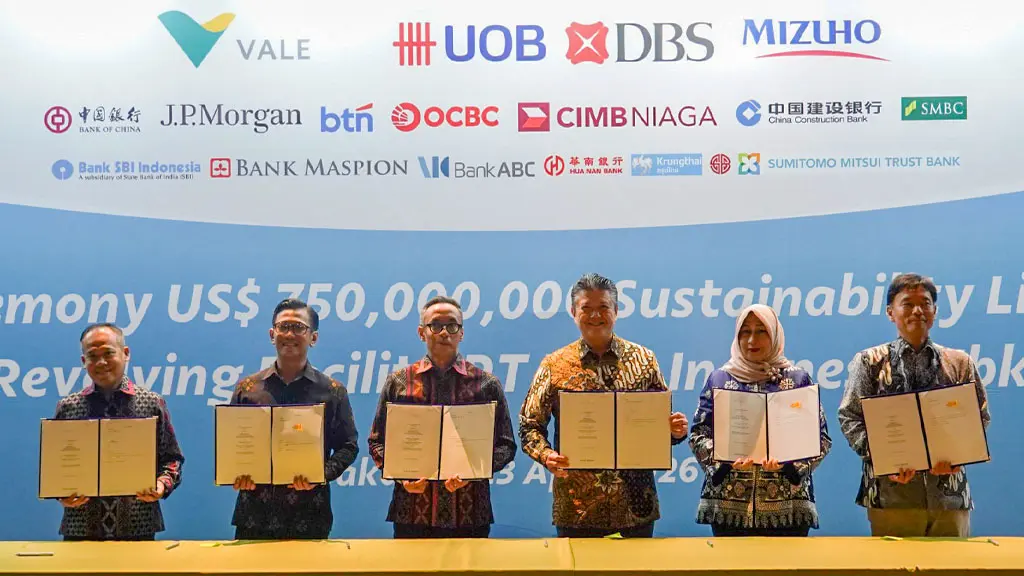 Penandatangan perjanjian pembiayaan dengan fasilitas Sustainability-Linked Loan (SLL) senilai US$750 juta kepada PT Vale Indonesia di Jakarta, Kamis (23/4/2026). (©PT Vale Indonesia)