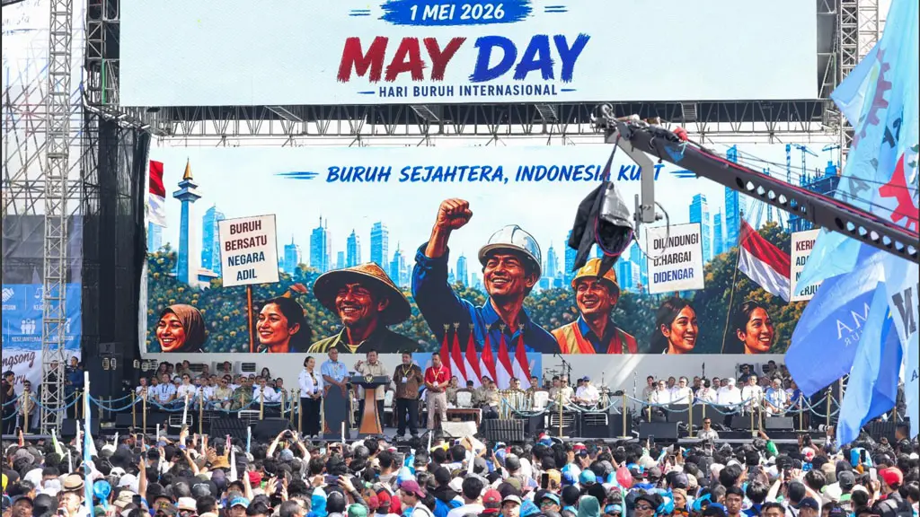 Presiden Prabowo mengumumkan berbagai peraturan baru terkait ketenagakerjaan pada peringatan May Day di jakarta, Jumat (1/5/2026). (©Humas Kemnaker)