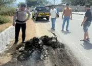 Polisi mengamati sisa-sia motor pelaku pencurian yang dibakar massa di mamboro, Selasa (12/56/2026). (©Humas Polresta Palu)